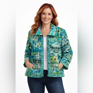 City Girl Abstract Print Zip Jacket Teal Green Artsy Y2K Resort Chic Sz XL